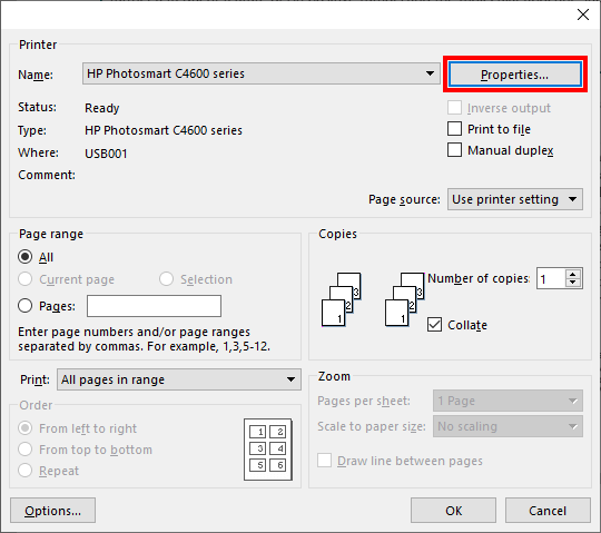 Druckereigenschaften öffnen, um PDF in schwarz-weiß zu drucken